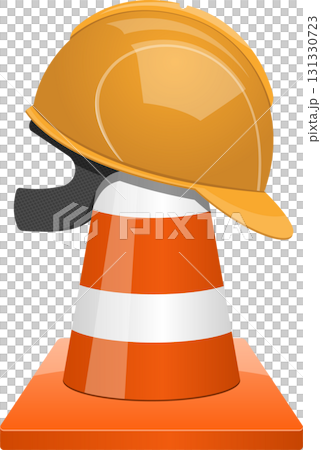 An orange hard hat rests atop a traffic cone, representing safety and construction awareness. 131330723