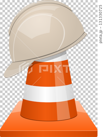 Safety First: A hard hat rests atop a traffic cone, symbolizing workplace caution and preparedness. 131330725