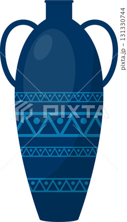 Elegant blue vase with handles and geometric decorative patterns, perfect for displaying flowers. Elegant blue vase with handles and geometric decorative patterns, perfect for displaying flowers. 131330744