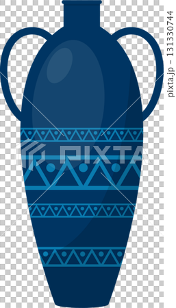 Elegant blue vase with handles and geometric decorative patterns, perfect for displaying flowers. Elegant blue vase with handles and geometric decorative patterns, perfect for displaying flowers. 131330744