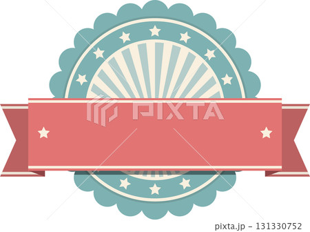 Vintage inspired badge emblem. Round badge with sunburst design, stars and a blank ribbon. 131330752