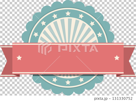 Vintage inspired badge emblem. Round badge with sunburst design, stars and a blank ribbon. 131330752