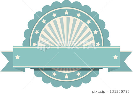 Retro seal with scalloped edges, stars, light rays, and banner for customizable message. 131330753