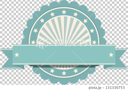Retro seal with scalloped edges, stars, light rays, and banner for customizable message. 131330753