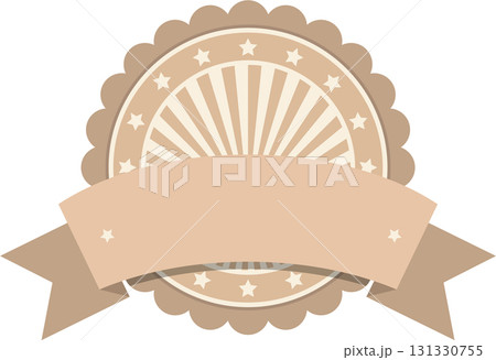 Vintage style emblem with ribbon, stars and sunburst pattern, perfect for logo or label design. 131330755