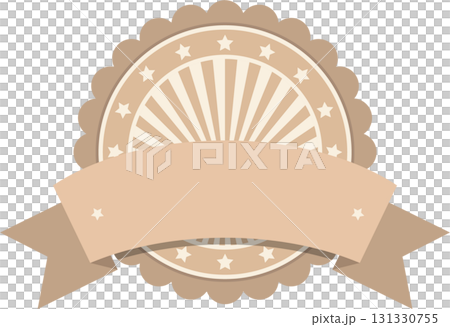 Vintage style emblem with ribbon, stars and sunburst pattern, perfect for logo or label design. 131330755