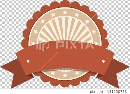 Vintage style seal or label with stars, sunburst pattern, scalloped edge, and blank banner. 131330758
