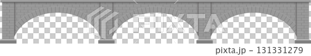 A grey stone bridge with three arches stretches across a dark space in the background. 131331279