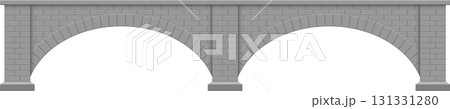 Stone arch bridge with dual arches, featuring grey stone construction and archways. Simple design. 131331280