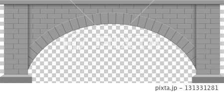 Illustration of a symmetrical gray stone bridge with an arched opening against black background. 131331281