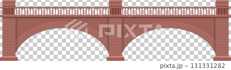 Brick railway bridge with two arches and railing; perfect for model railroads, scenic layouts. 131331282