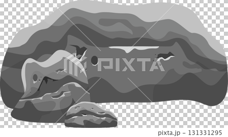 Monochrome vector illustration of a natural rock cave with light and dark grey shading. 131331295