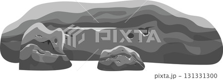 Grayscale illustration of a rocky cave with openings, showcasing various rock formations. 131331300