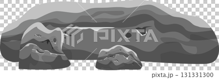 Grayscale illustration of a rocky cave with openings, showcasing various rock formations. 131331300