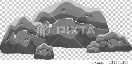 A collection of gray rocks forms a natural barrier or landscape feature in a grayscale image. 131331303