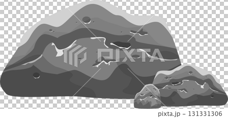 Three large grey cartoon rock formations with various holes and crevices on a black background. 131331306