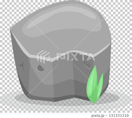 A grey cartoon boulder rests on a grey base with small green plants behind it against black. 131331310