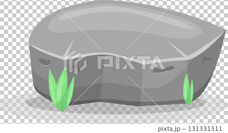 Cartoon image displaying a gray rock sitting on a light gray platform with tufts of grass. 131331311