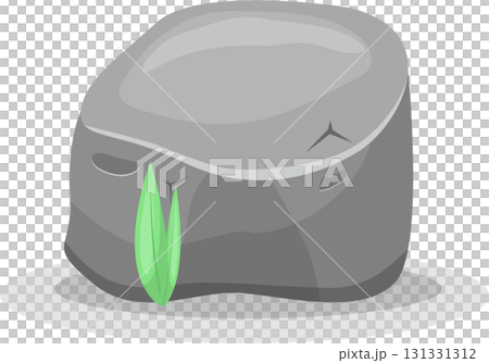 Cartoon style illustration of a gray rock with a pair of green leaf blades sprouting. 131331312