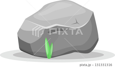 A gray rock sits on a light gray surface with two green blades of grass growing in front. 131331316