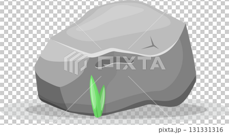 A gray rock sits on a light gray surface with two green blades of grass growing in front. 131331316
