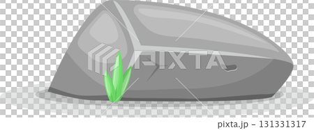 Stylized gray rock with green shoots, isolated on a gray base, cartoon style, simplistic design. 131331317