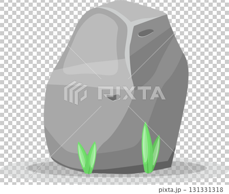 Cartoon rock stands on a grey surface with two small green plants near its base. 131331318