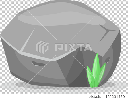 A cartoon gray rock with grass poking out from beneath it on a gray surface and black background. A cartoon gray rock with grass poking out from beneath it on a gray surface and black background. 131331320