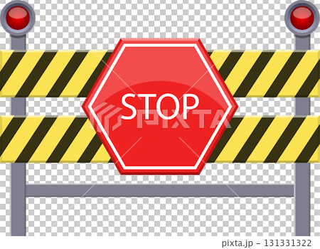 Roadblock with a red stop sign indicates caution. Warning lights add visibility on construction. Roadblock with a red stop sign indicates caution. Warning lights add visibility on construction. 131331322