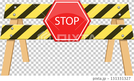 A barrier with yellow and black stripes and a red stop sign, often used for construction work. 131331327