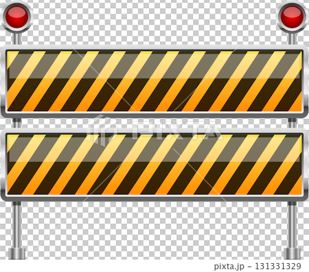 Barrier with yellow and black stripes signals caution. Red lights indicate a potential hazard. Barrier with yellow and black stripes signals caution. Red lights indicate a potential hazard. 131331329