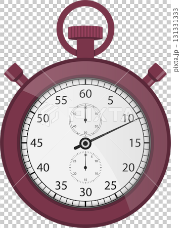 Burgundy colored stopwatch with white dial and black numerals used to measure time intervals. 131331333