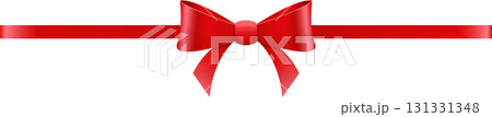 Bright red ribbon tied in a bow, perfect for wrapping gifts or adding festive decoration. 131331348