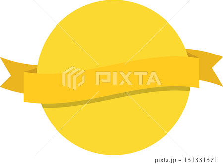 A golden yellow circle with a ribbon draped across the middle against a black background. A golden yellow circle with a ribbon draped across the middle against a black background. 131331371
