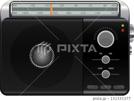 An illustration of a vintage looking black radio set with tuning dial and speaker grill. 131331377