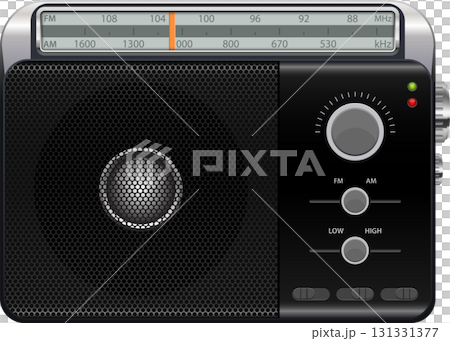 An illustration of a vintage looking black radio set with tuning dial and speaker grill. 131331377