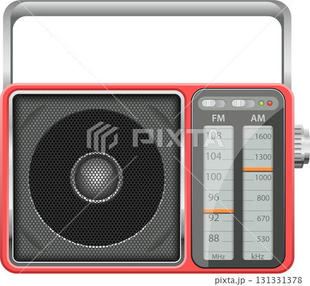 Red portable radio receiver with a silver handle and frequency tuner for FM and AM signals. Red portable radio receiver with a silver handle and frequency tuner for FM and AM signals. 131331378