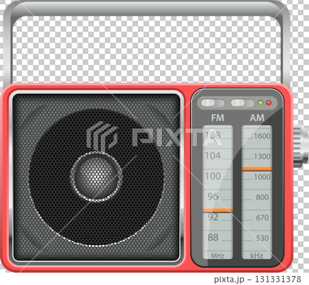 Red portable radio receiver with a silver handle and frequency tuner for FM and AM signals. Red portable radio receiver with a silver handle and frequency tuner for FM and AM signals. 131331378