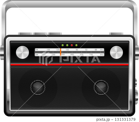 Retro-styled Portable Radio with Silver Trim, Knobs, and Speakers, for listening to music. Retro-styled Portable Radio with Silver Trim, Knobs, and Speakers, for listening to music. 131331379