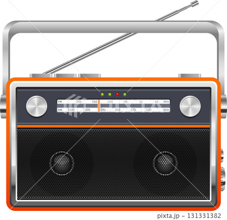 Vintage radio receiver with orange trim, antenna, dials, and built-in speaker. FM and AM frequencies. Vintage radio receiver with orange trim, antenna, dials, and built-in speaker. FM and AM frequencies. 131331382