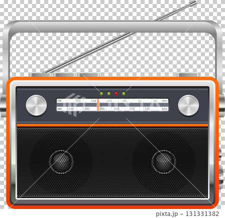 Vintage radio receiver with orange trim, antenna, dials, and built-in speaker. FM and AM frequencies. 131331382