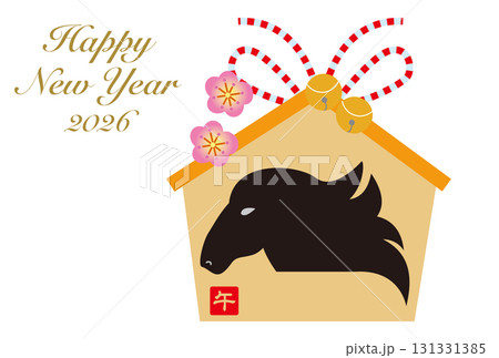 馬の頭部のシルエットが描かれた絵馬の年賀状 131331385