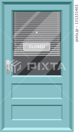 A closed sign hangs on a paneled teal blue door with blinds suggesting business is unavailable. 131331403