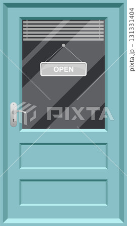 A vector illustration of a closed, light blue door with a clear window and an "OPEN" sign. A vector illustration of a closed, light blue door with a clear window and an "OPEN" sign. 131331404