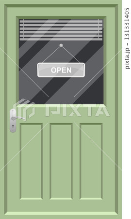 A light green door with an open sign hanging in the window, with horizontal blinds. 131331405