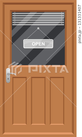 Storefront door with an open sign displayed in window, inviting customers to come inside. 131331407