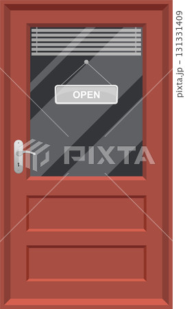 A closed red door with a silver handle, and a see-through window that shows an open sign. 131331409