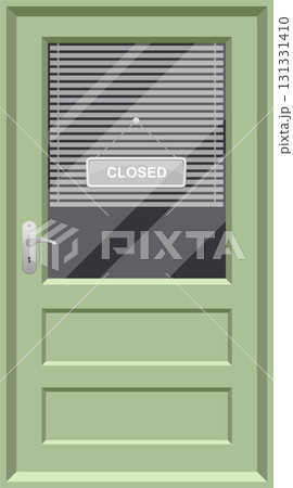 A closed door with horizontal blinds and a hanging sign indicating the establishment is shut. 131331410