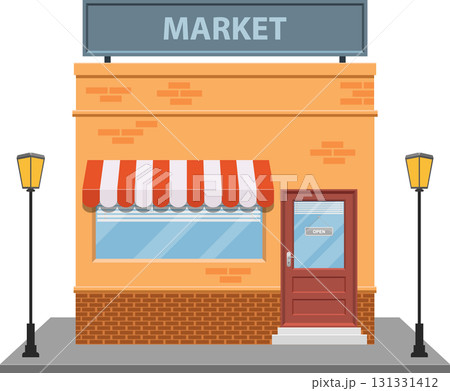 Cartoon illustration of a small market building with an awning and an open sign in the window. 131331412