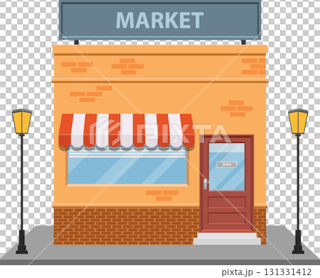 Cartoon illustration of a small market building with an awning and an open sign in the window. 131331412